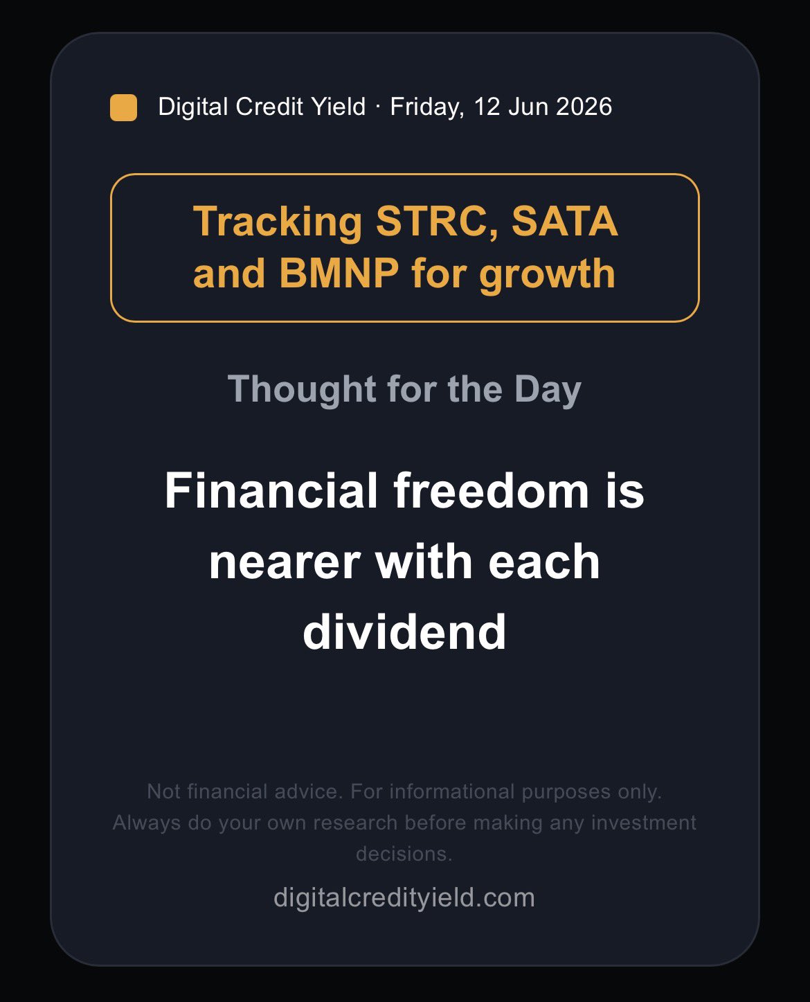 Financial freedom is nearer with each dividend.